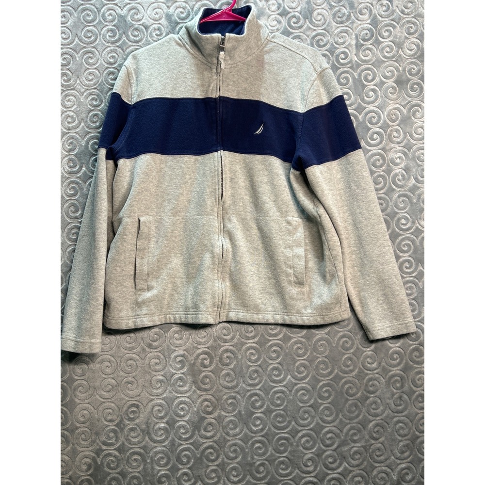 Nautica Mens Full Zip Fleece Jacket Gray Blue Stripe Small S
